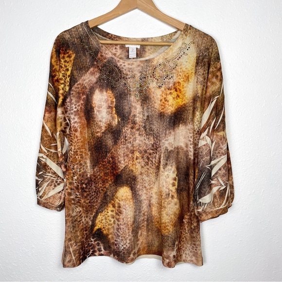 Chico's Tops - Chicos size 2 ( L / 12) mixed media Animal print blouse w/ 3/4 ruched sleeves